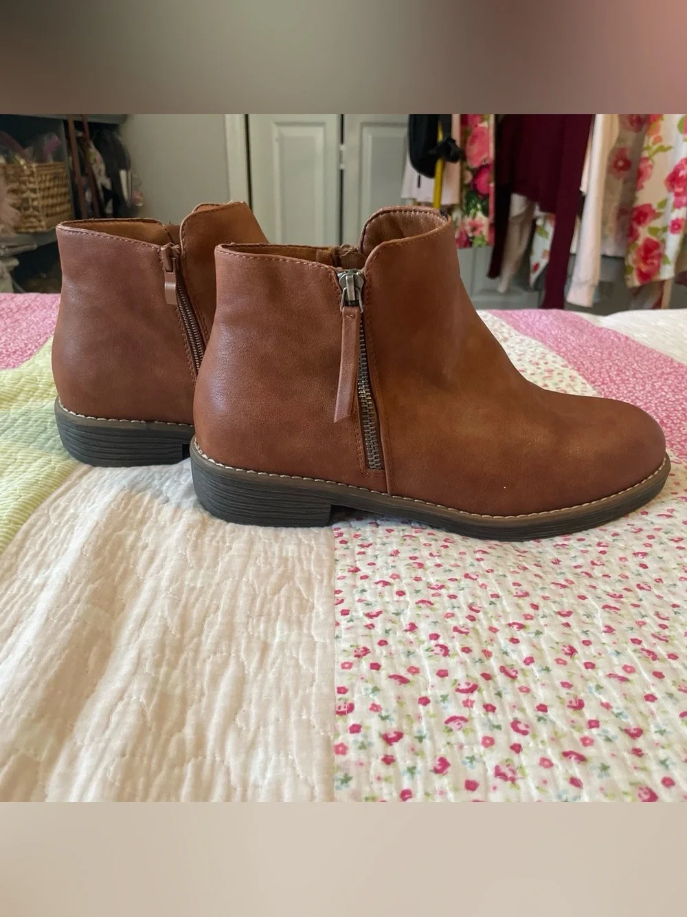 Women's Tan Faux-Leather Ankle Booties - Stylish Everyday Zip Boot
